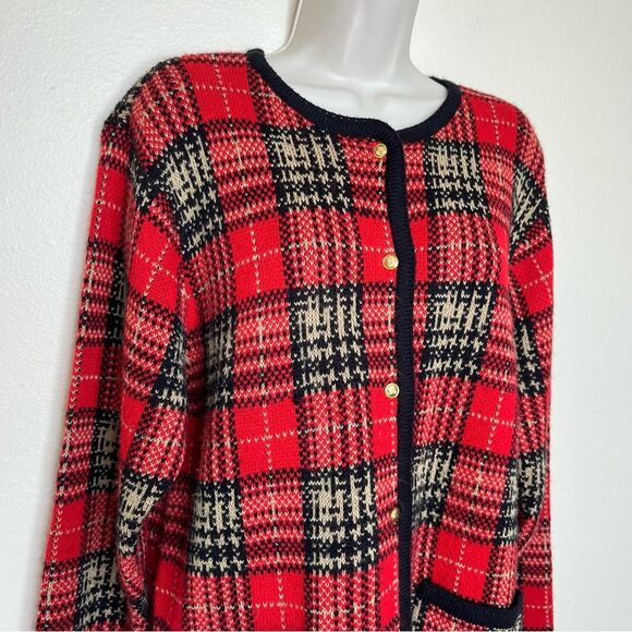 Crystal Kobe Red Plaid Cardigan Sweater Gold Button Front Pockets Women Small - Picture 2 of 10